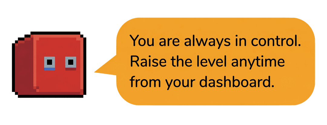 You are always in control. Raise the level anytime from your dashboard.